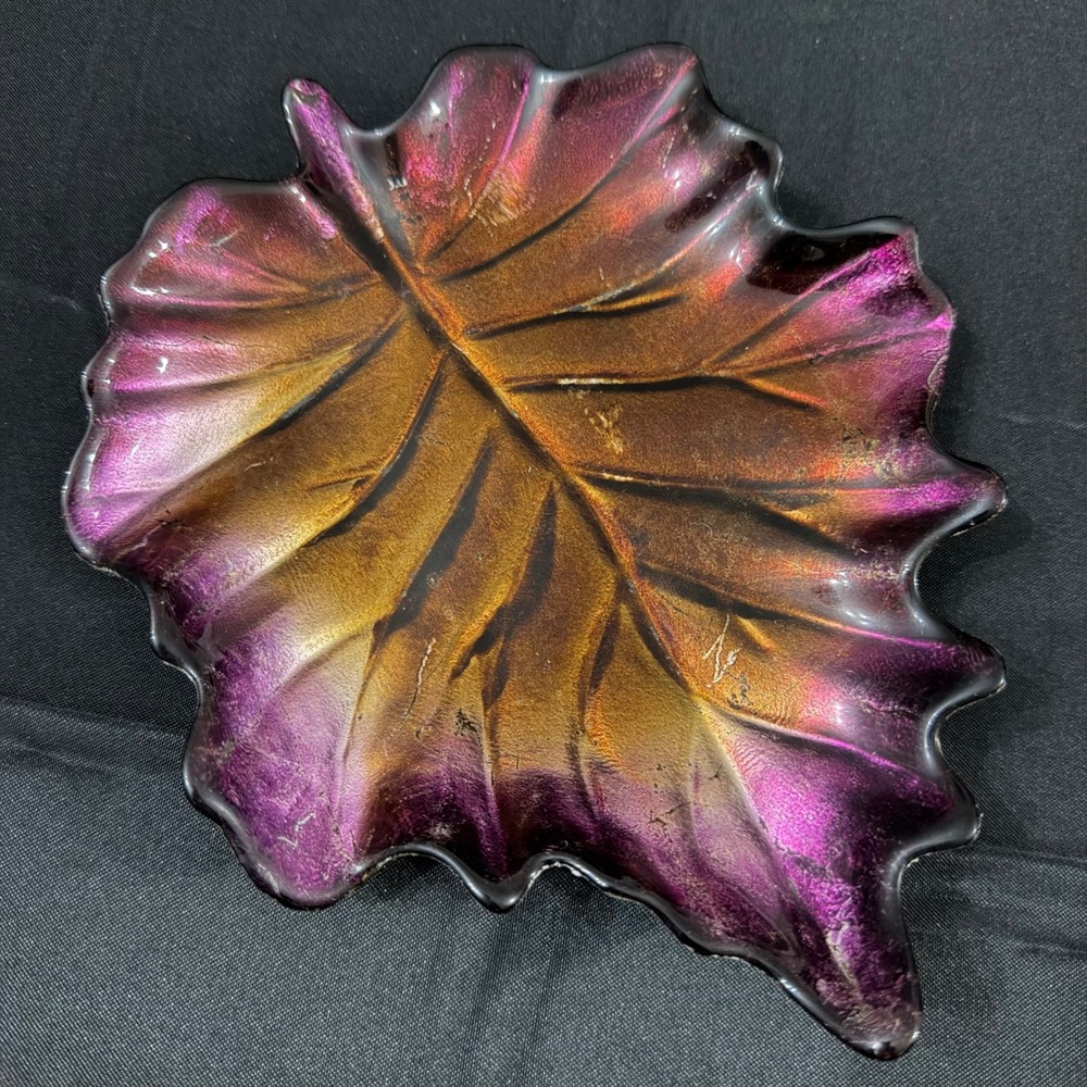 VTG Iridescent Art Glass Leaf Dish Purple Amber Gold Metallic Tray Fall Deco